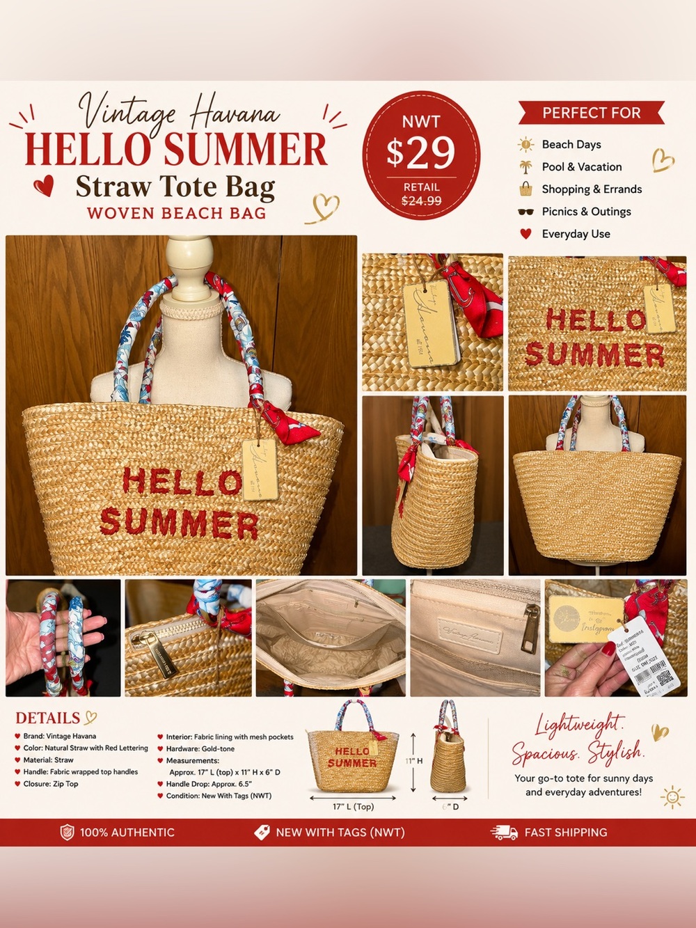 Vintage Havana Hello Summer Straw Tote Bag